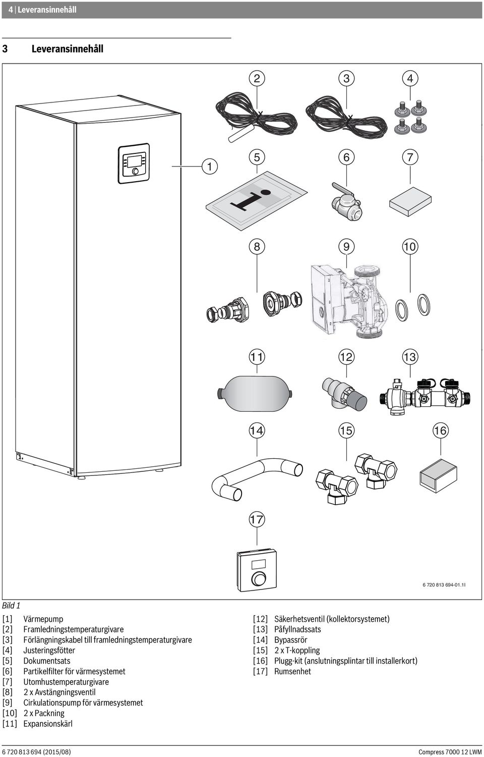 Dokumentsats [6] Partikelfilter för värmesystemet [7] Utomhustemperaturgivare [8] 2 x Avstängningsventil [9] Cirkulationspump för värmesystemet