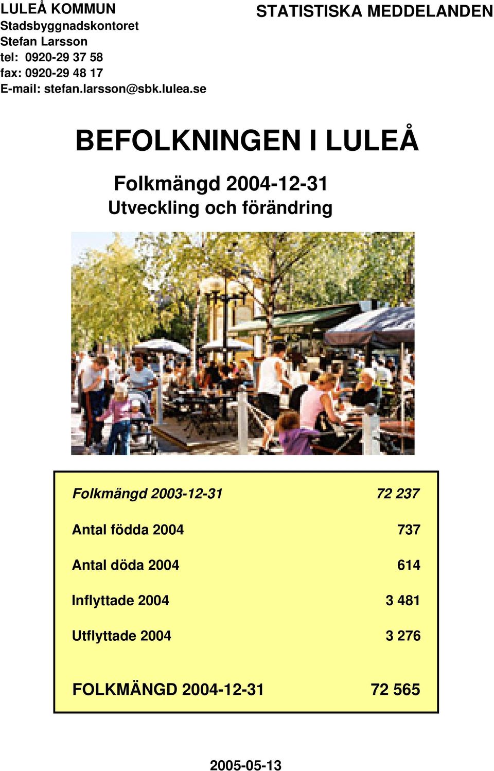 se STATISTISKA MEDDELANDEN BEFOLKNINGEN I LULEÅ Folkmängd 2004-12-31 Utveckling och