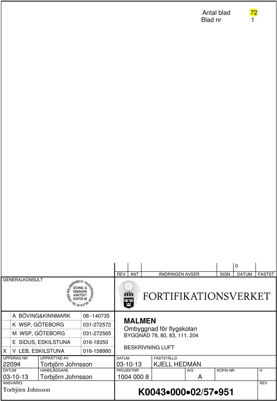 för flygskolan BYGGNAD BESKRIVNING LUFT UPPDRAG NR UPPRÄTTAD AV DATUM FASTSTÄLLD 22094 DATUM Torbjörn Johnsson HANDLÄGGARE