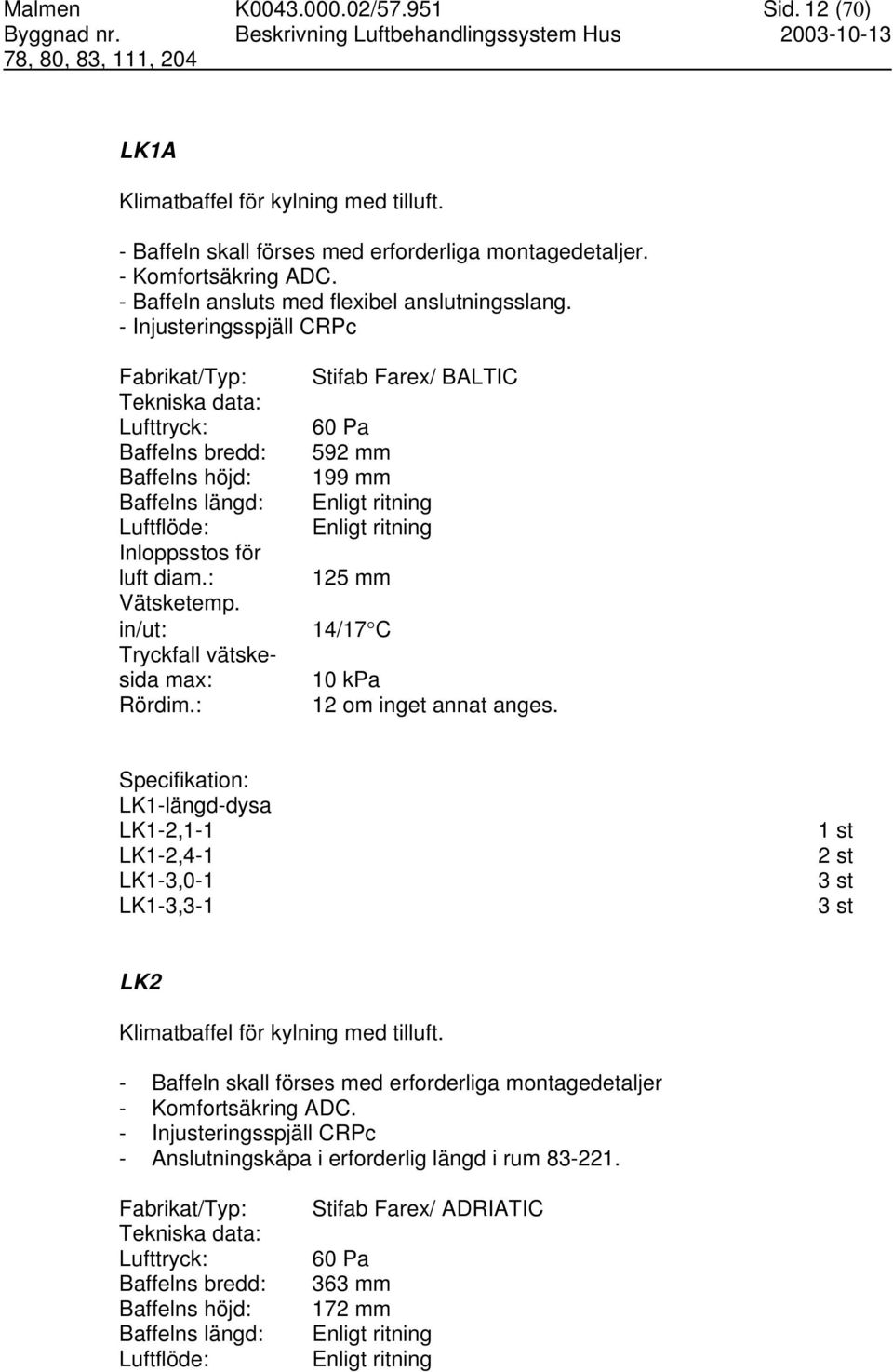 : Vätsketemp. in/ut: Tryckfall vätskesida max: Rördim.: Stifab Farex/ BALTIC 60 Pa 592 mm 199 mm Enligt ritning Enligt ritning 125 mm 14/17 C 10 kpa 12 om inget annat anges.