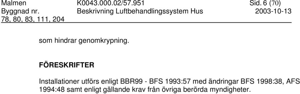 FÖRESKRIFTER Installationer utförs enligt BBR99 - BFS