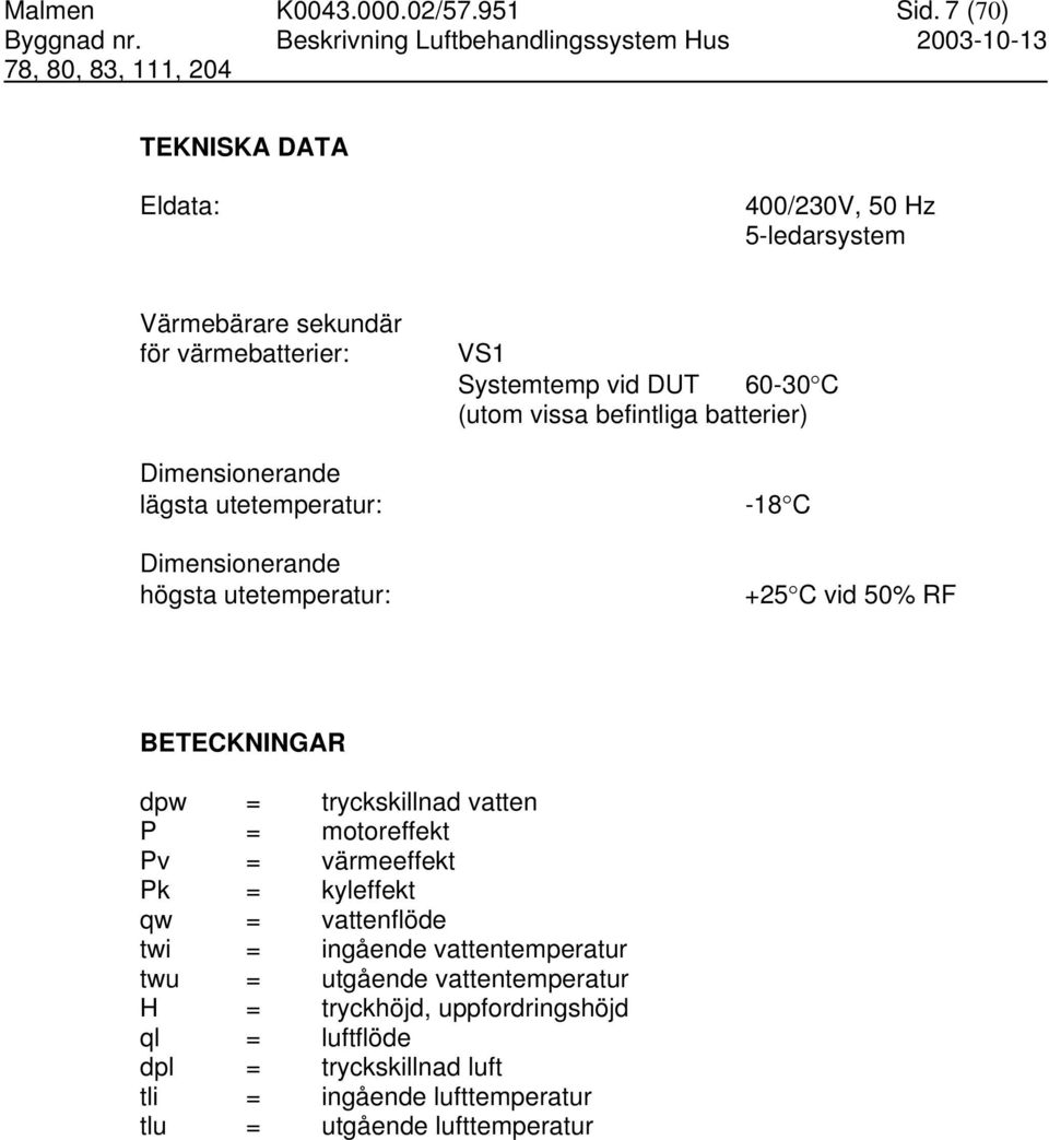 Dimensionerande högsta utetemperatur: VS1 Systemtemp vid DUT 60-30 C (utom vissa befintliga batterier) -18 C +25 C vid 50% RF BETECKNINGAR dpw =