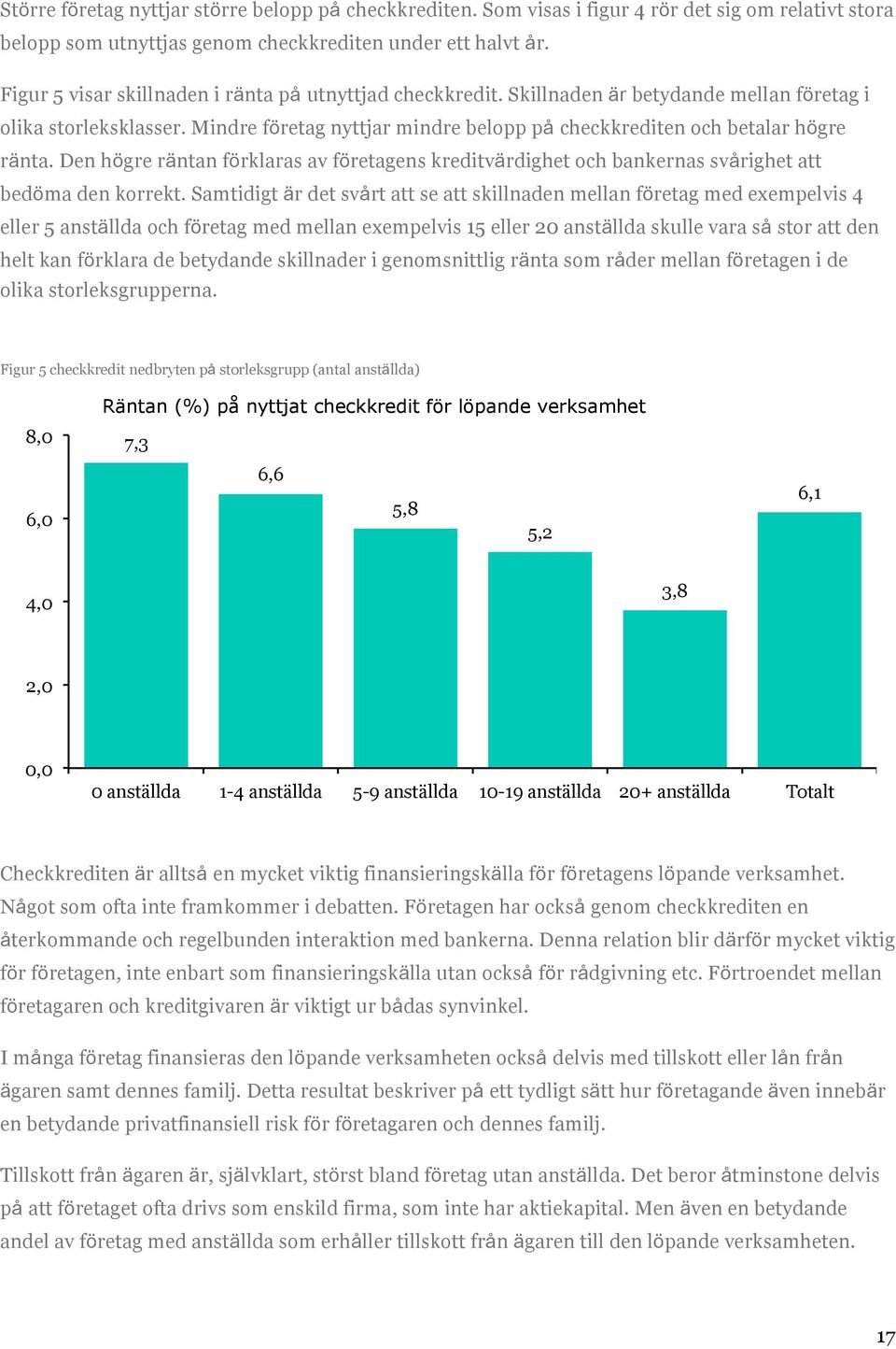 Mindre företag nyttjar mindre belopp på checkkrediten och betalar högre ränta. Den högre räntan förklaras av företagens kreditvärdighet och bankernas svårighet att bedöma den korrekt.