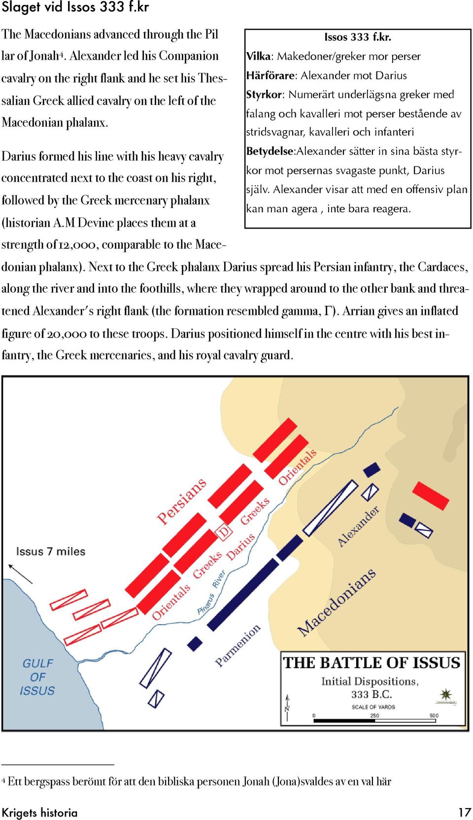 Numerärt underlägsna greker med falang och kavalleri mot perser bestående av Macedonian phalanx.