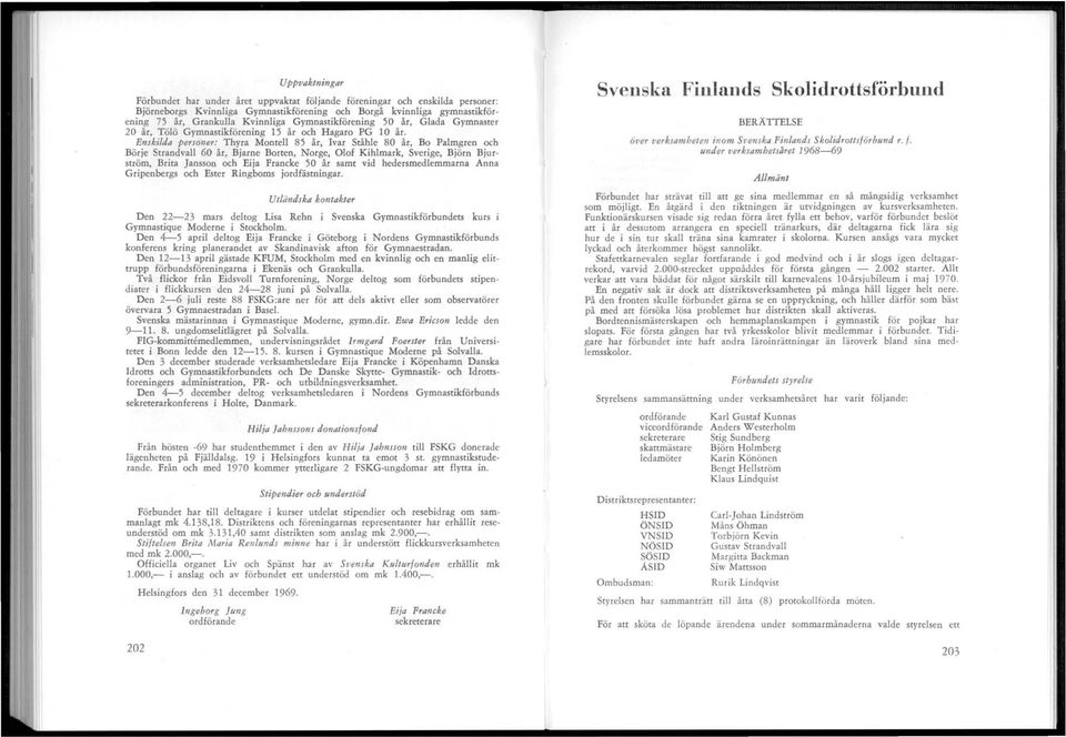 Enskilda personer: Thyra Montell år, Ivar Ståhle 0 år, Bo Palmgren och Börje Strandvall 60 år, Bjarne Borten, Norge, Olof Kihlmark, Sverige, Björn Bjurström, Brita Jansson och Eija Francke 0 år samt