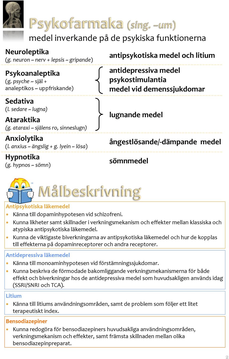 hypnos ~ sömn) antipsykotiska medel och litium antidepressiva medel psykostimulantia medel vid demenssjukdomar lugnande medel ångestlösande/dämpande medel sömnmedel Antipsykotiska läkemedel Känna