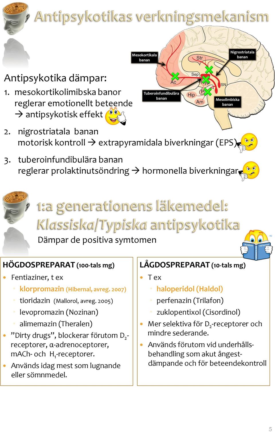 tuberoinfundibulära banan reglerar prolaktinutsöndring hormonella biverkningar Dämpar de positiva symtomen HÖGDOSPREPARAT (100tals mg) Fentiaziner, t ex klorpromazin (Hibernal, avreg.