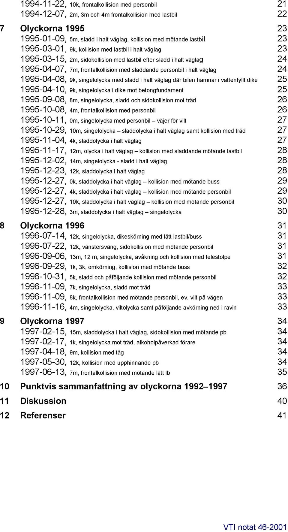 1995-04-08, 9k, singelolycka med sladd i halt väglag där bilen hamnar i vattenfyllt dike 25 1995-04-10, 9k, singelolycka i dike mot betongfundament 25 1995-09-08, 8m, singelolycka, sladd och