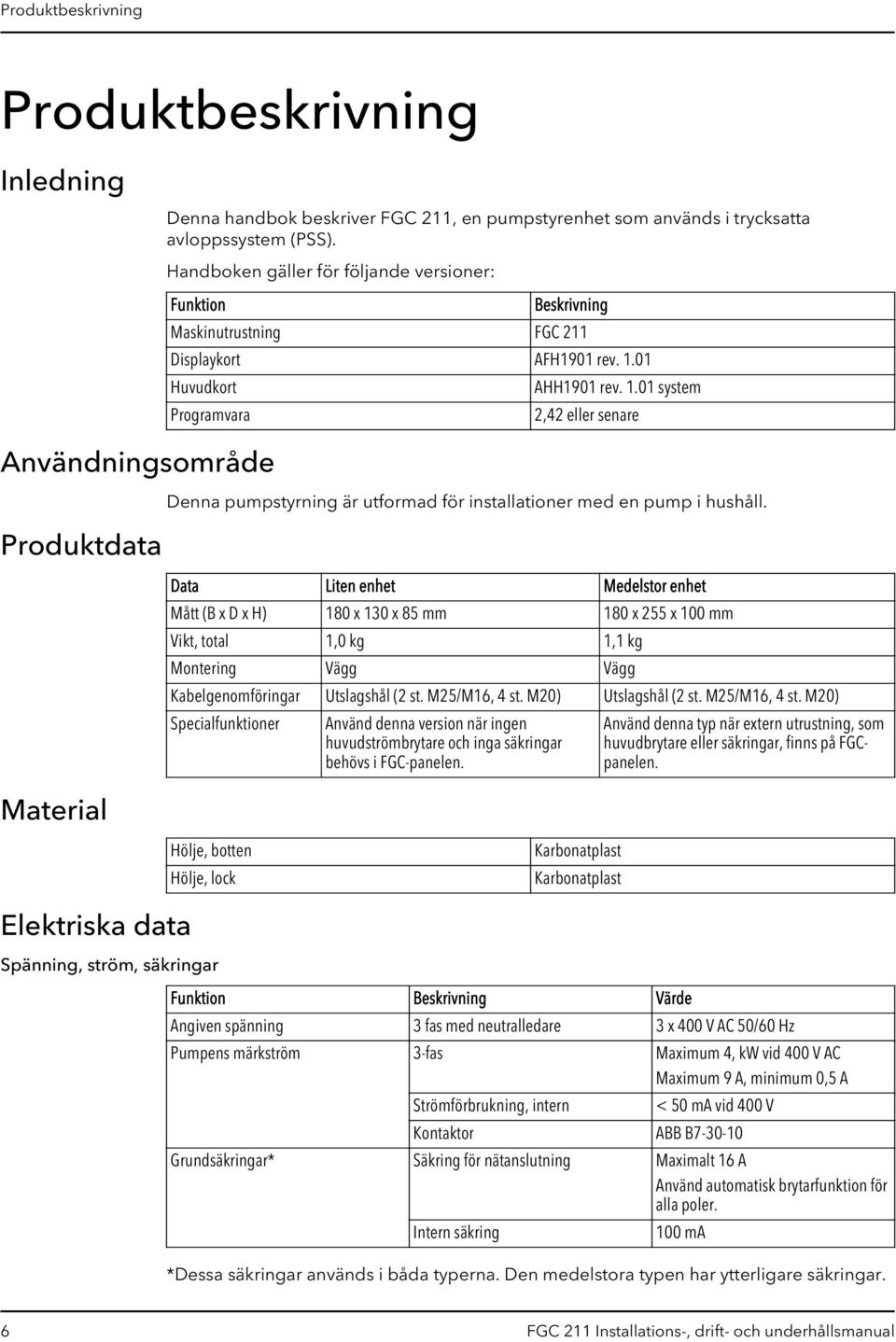 01 Huvudkort Programvara AHH1901 rev. 1.01 system 2,42 eller senare Användningsområde Produktdata Material Denna pumpstyrning är utformad för installationer med en pump i hushåll.