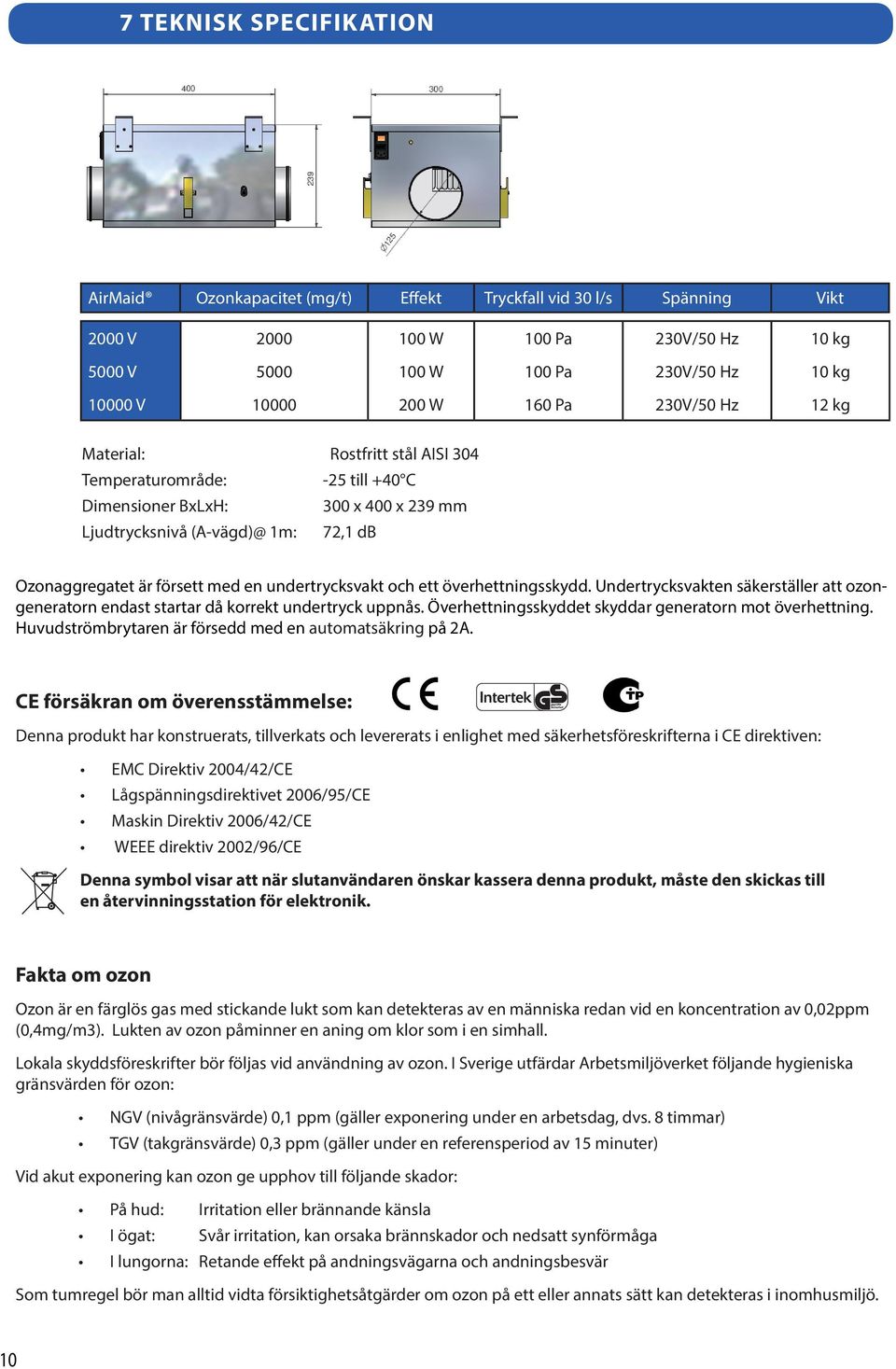 undertrycksvakt och ett överhettningsskydd. Undertrycksvakten säkerställer att ozongeneratorn endast startar då korrekt undertryck uppnås. Överhettningsskyddet skyddar generatorn mot överhettning.