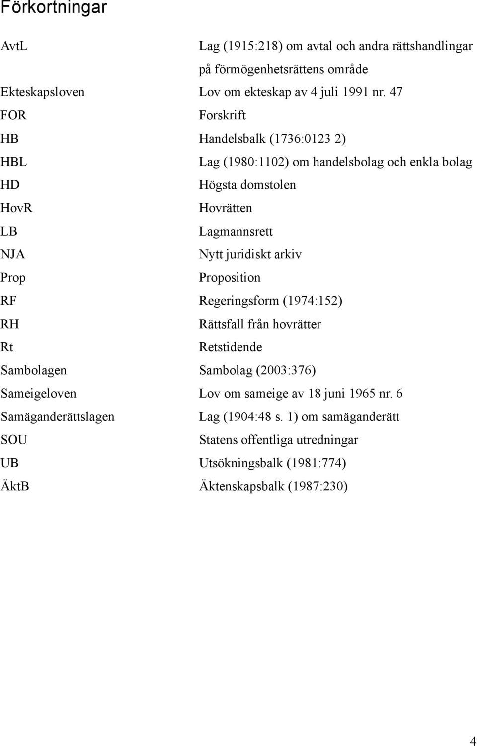 juridiskt arkiv Prop Proposition RF Regeringsform (1974:152) RH Rättsfall från hovrätter Rt Retstidende Sambolagen Sambolag (2003:376) Sameigeloven Lov om