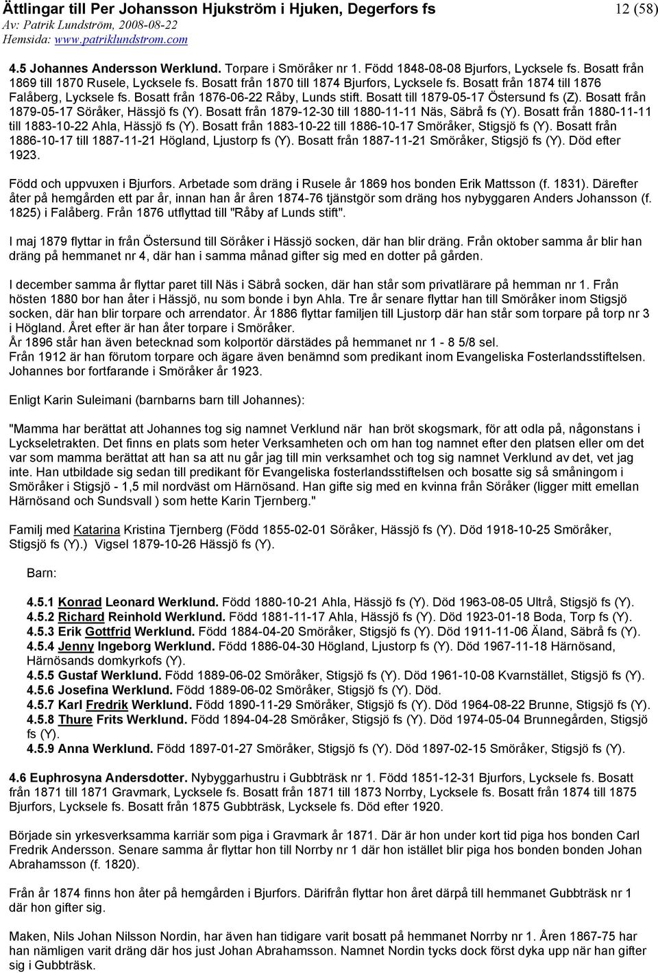 Lunds stift. Bosatt till 1879-05-17 Östersund fs (Z). Bosatt från 1879-05-17 Söråker, Hässjö fs (Y). Bosatt från 1879-12-30 till 1880-11-11 Näs, Säbrå fs (Y).