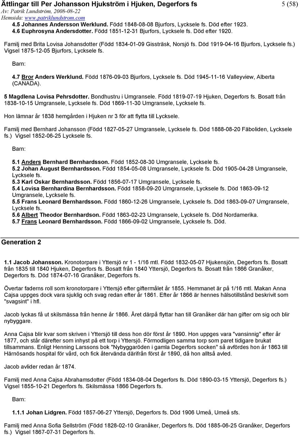 Född 1876-09-03 Bjurfors, Lycksele Död 1945-11-16 Valleyview, Alberta (CANADA). 5 Magdlena Lovisa Pehrsdotter. Bondhustru i Umgransele.