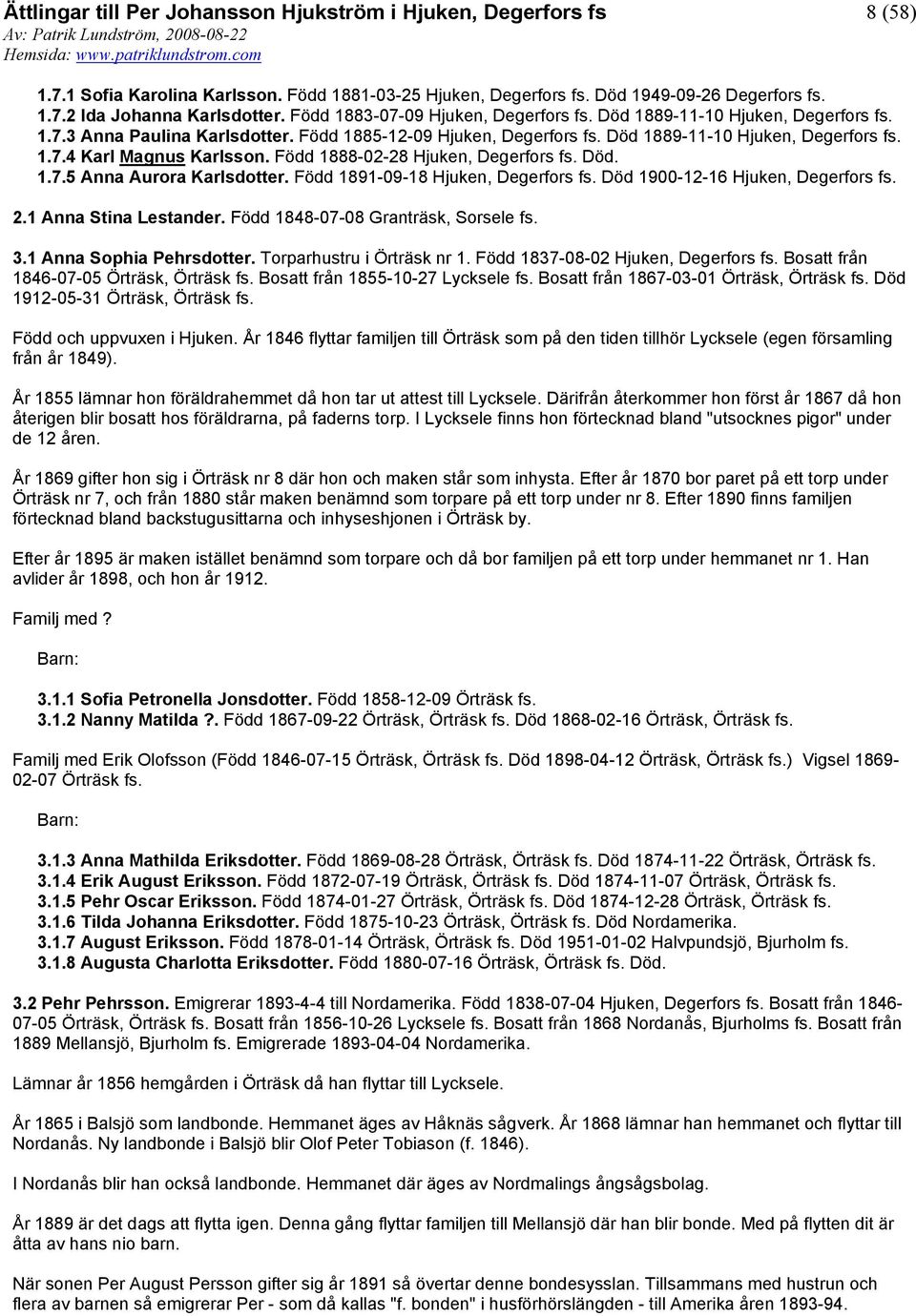 Född 1891-09-18 Hjuken, Degerfors Död 1900-12-16 Hjuken, Degerfors 2.1 Anna Stina Lestander. Född 1848-07-08 Granträsk, Sorsele 3.1 Anna Sophia Pehrsdotter. Torparhustru i Örträsk nr 1.