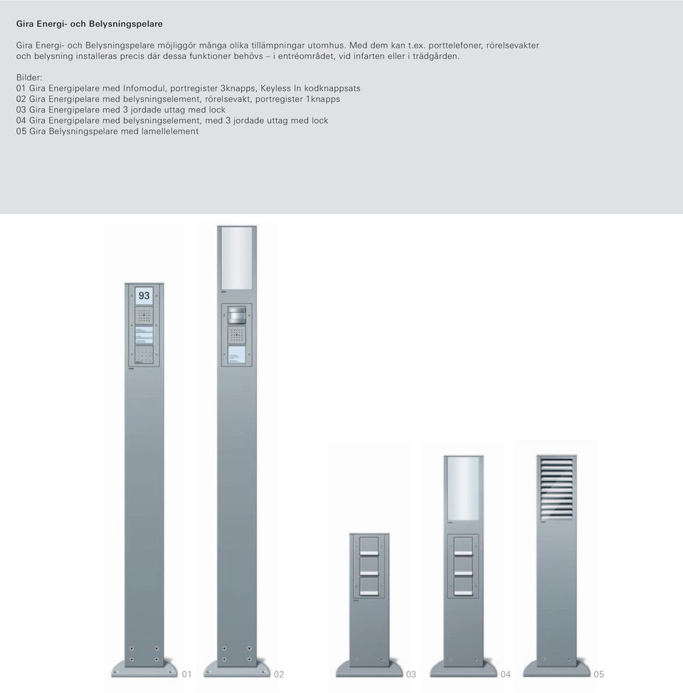 Bilder: 01 Gira Energipelare med Infomodul, portregister 3knapps, Keyless In kodknappsats 02 Gira Energipelare med belysningselement, rörelsevakt,