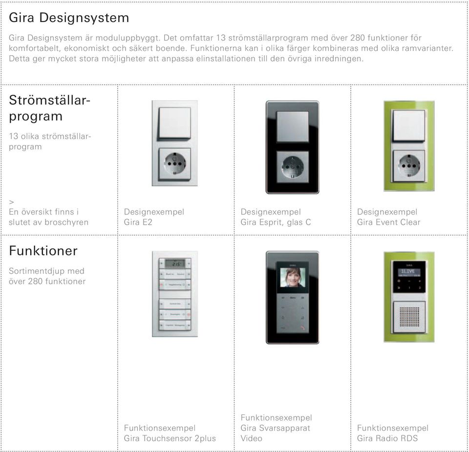 Strömställarprogram 13 olika strömställarprogram > En översikt finns i slutet av broschyren Designexempel Gira E2 Designexempel Gira Esprit, glas C Designexempel