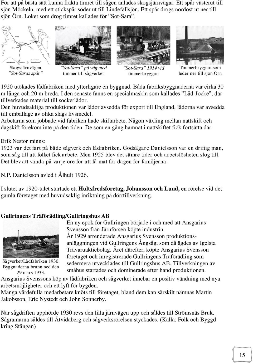 Skogsjärnvägen Sot-Saras spår Sot-Sara på väg med timmer till sågverket Sot-Sara 1914 vid timmerbryggan Timmerbryggan som leder ner till sjön Örn 1920 utökades lådfabriken med ytterligare en byggnad.