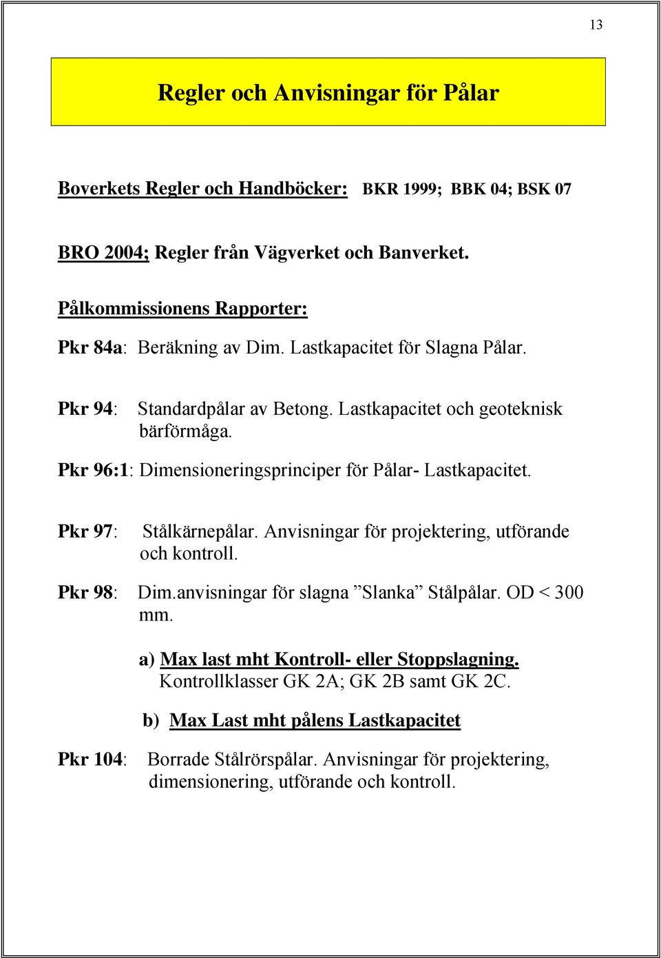 Pkr 96:1: Dimensioneringsprinciper för Pålar- Lastkapacitet. Pkr 97: Stålkärnepålar. Anvisningar för projektering, utförande och kontroll. Pkr 98: Dim.