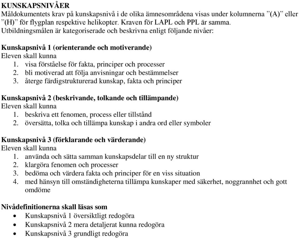 bli motiverad att följa anvisningar och bestämmelser 3. återge färdigstrukturerad kunskap, fakta och principer Kunskapsnivå 2 (beskrivande, tolkande och tillämpande) Eleven skall kunna 1.