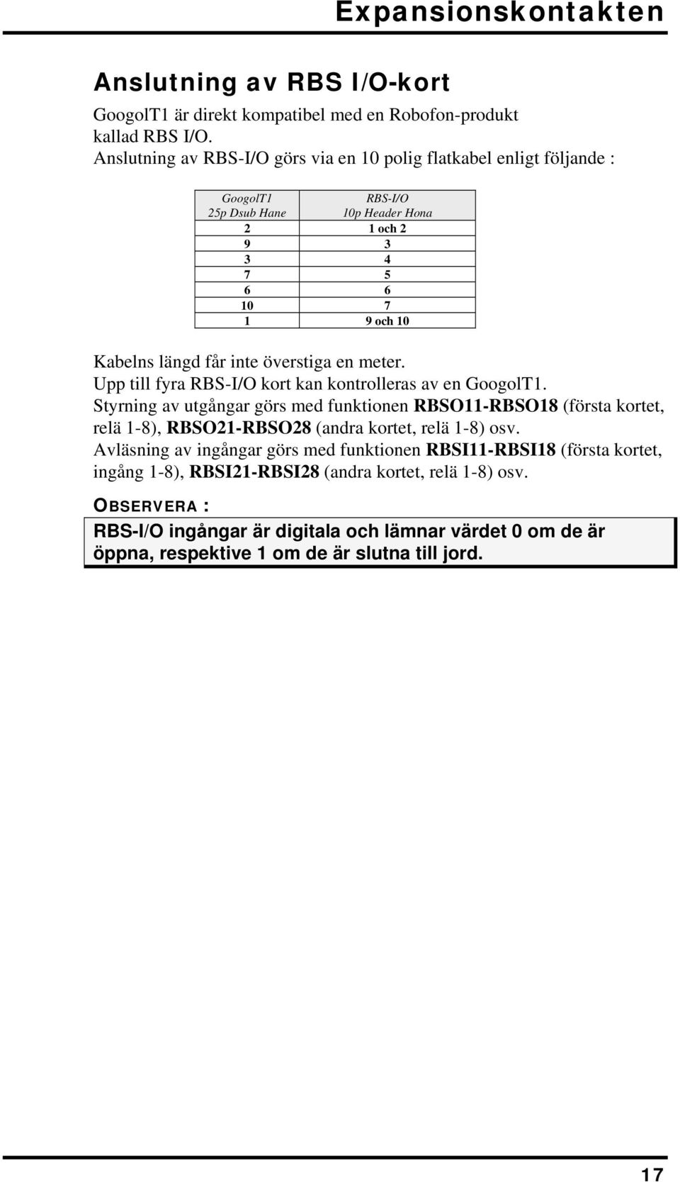 överstiga en meter. Upp till fyra RBS-I/O kort kan kontrolleras av en GoogolT1.