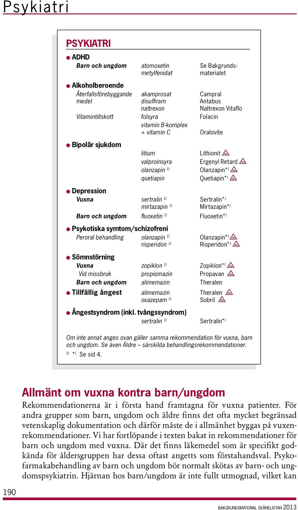 Quetiapin* ) 75+ l Depression Vuxna sertralin 1) Sertralin* ) mirtazapin 1) Mirtazapin* ) Barn och ungdom fluoxetin 1) Fluoxetin* ) l Psykotiska symtom/schizofreni Peroral behandling olanzapin 1)