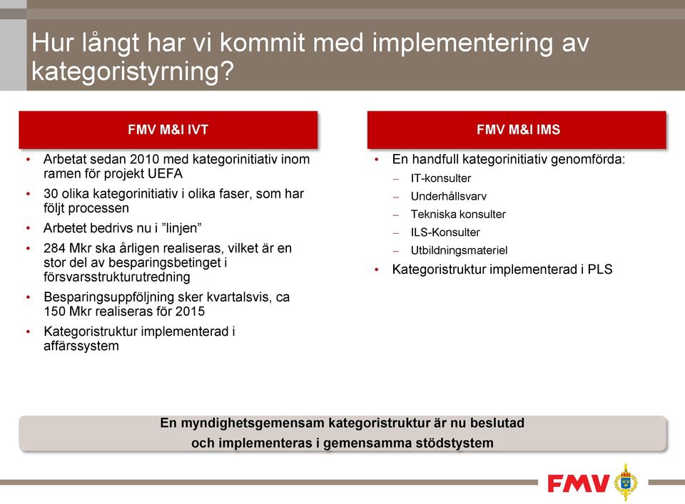 ska årligen realiseras, vilket är en stor del av besparingsbetinget i försvarsstrukturutredning Besparingsuppföljning sker kvartalsvis, ca 150 Mkr realiseras för 2015