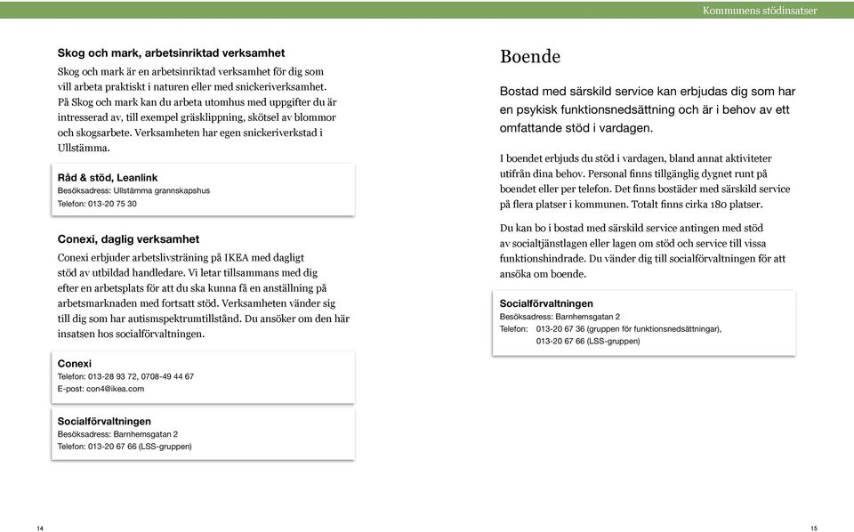 Råd & stöd, Leanlink Besöksadress: Ullstämma grannskapshus Telefon: 013-20 75 30 Conexi, daglig verksamhet Conexi erbjuder arbetslivsträning på IKEA med dagligt stöd av utbildad handledare.
