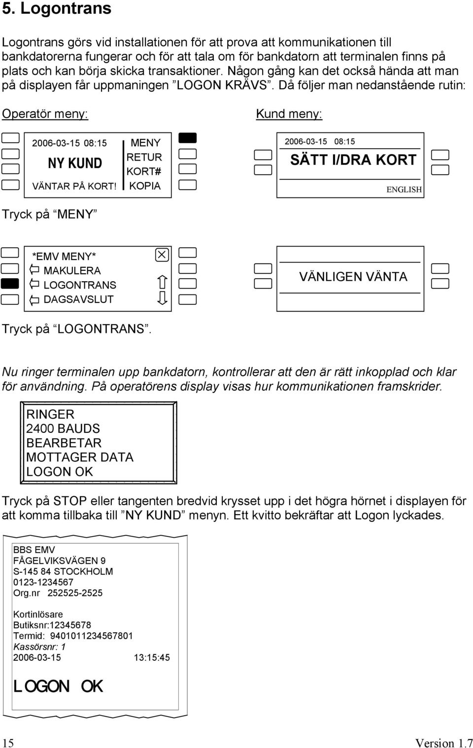 Då följer man nedanstående rutin: Operatör meny: Kund meny: 2006-03-15 08:15 MENY RETUR NY KUND KORT# VÄNTAR PÅ KORT!