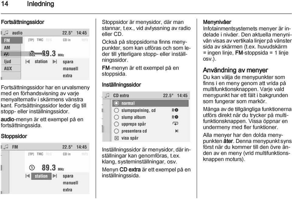 Också på stoppsidorna finns menypunkter, som kan utföras och som leder till ytterligare stopp- eller inställningssidor. FM-menyn är ett exempel på en stoppsida.