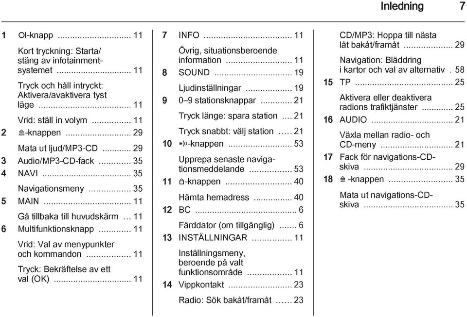 .. 11 Vrid: Val av menypunkter och kommandon... 11 Tryck: Bekräftelse av ett val (OK)... 11 7 INFO... 11 Övrig, situationsberoende information... 11 8 SOUND... 19 Ljudinställningar.