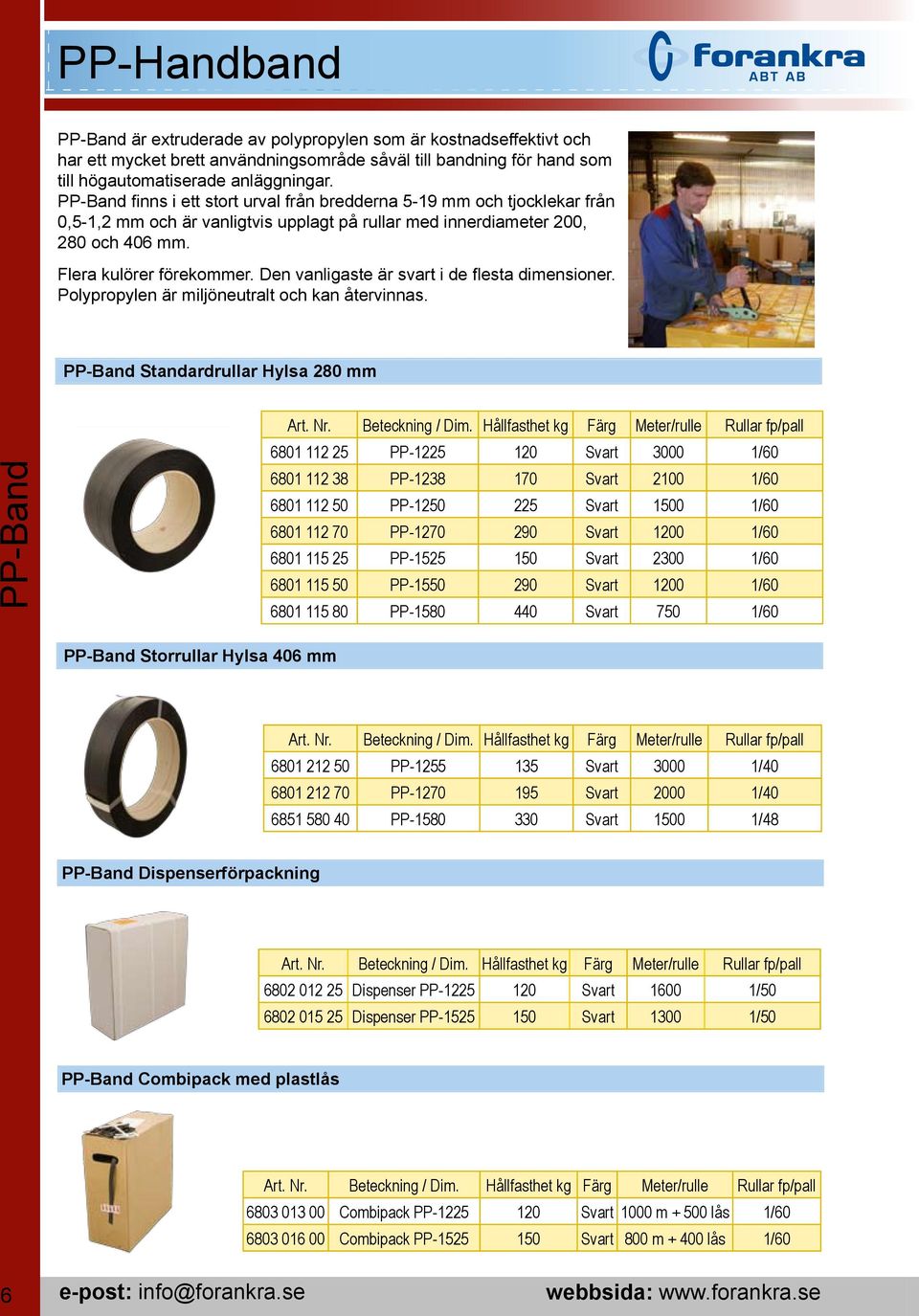 Den vanligaste är svart i de flesta dimensioner. Polypropylen är miljöneutralt och kan återvinnas. PP-Band Standardrullar Hylsa 280 mm PP-Band Art. Nr. Beteckning / Dim.