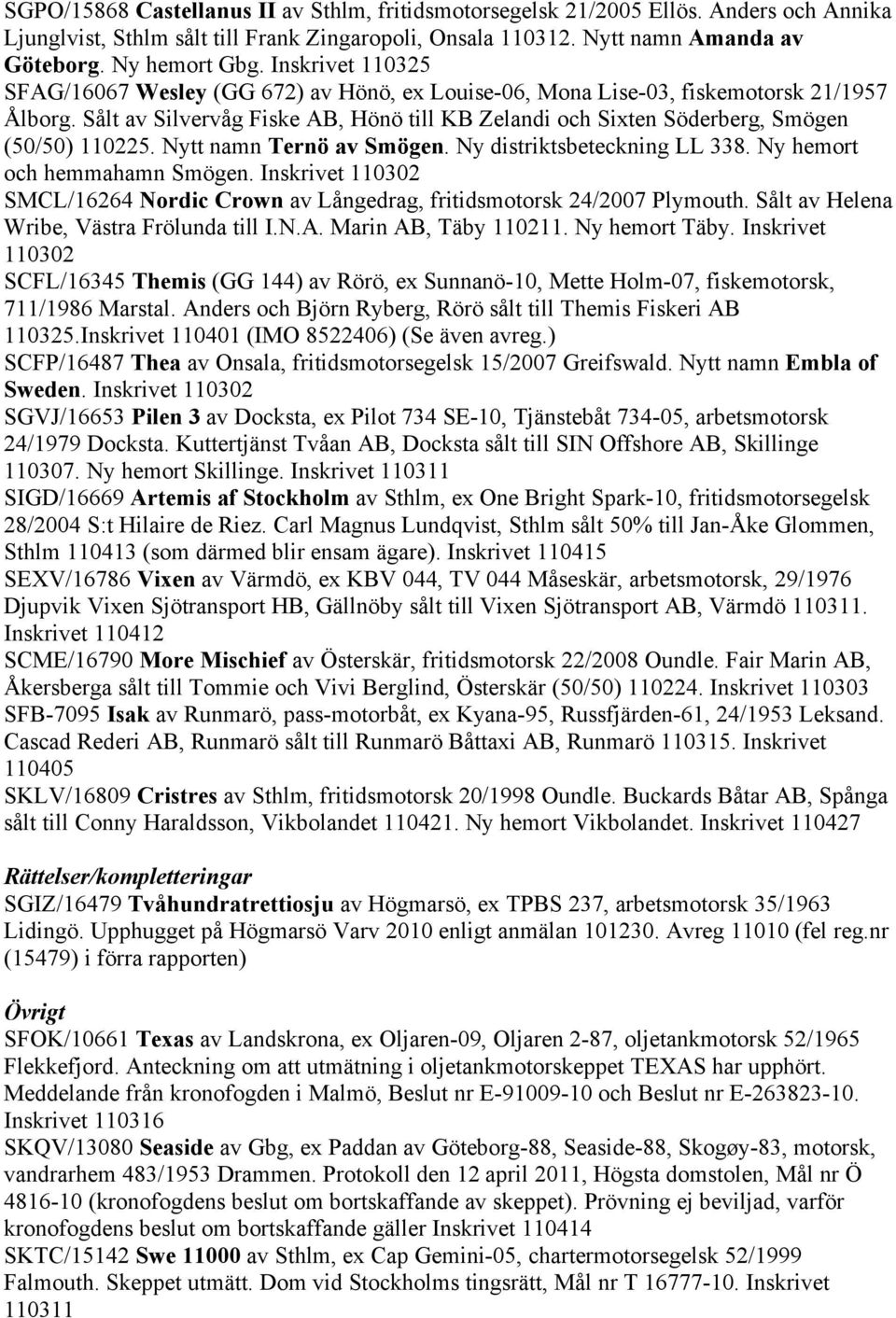 Sålt av Silvervåg Fiske AB, Hönö till KB Zelandi och Sixten Söderberg, Smögen (50/50) 110225. Nytt namn Ternö av Smögen. Ny distriktsbeteckning LL 338. Ny hemort och hemmahamn Smögen.