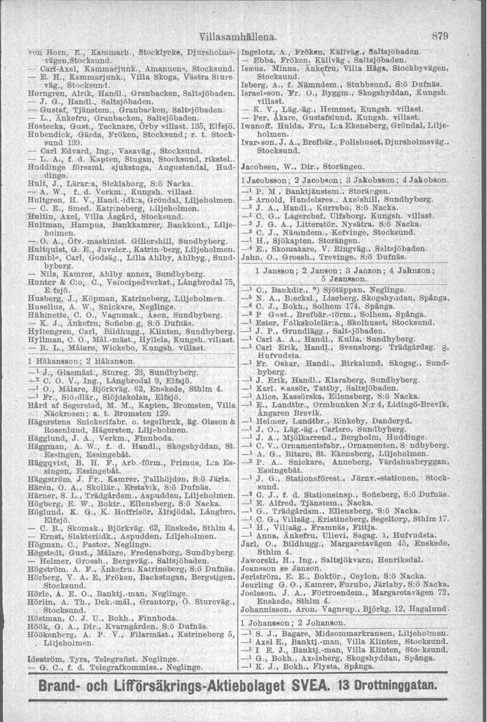 Horngren, Alrik, Handl., Granbacken, Saltsjöbaden. Israelwson, Pr. O., Byggm, Skogshyddan, Kungsh. - J. G., Handl., Saltsjhbaden.. - Gustaf, Tjanstem., Granbarken, Saltujbbaden. - K. V. Lag.-ag.