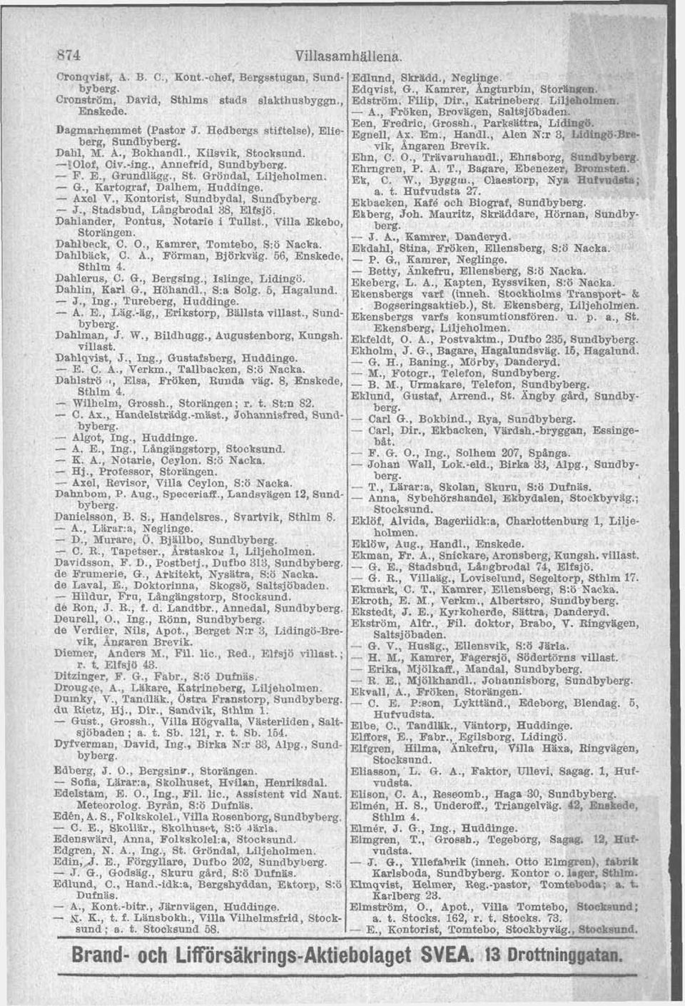 , Annefrid, Sundbyberg F, E,, Grundlagg,, St, Grbndal, Lllieholmen, G Kartograf Dalhem, Huddinge. - ~Xel V., Koniorist, Sundbydal, - J., Stadsbud, L%ngtirodal 38, Elfsjö.