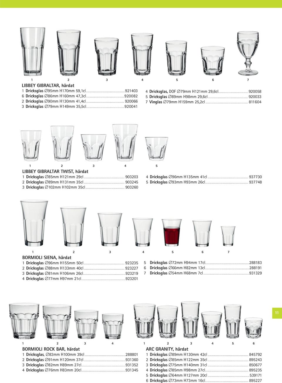 .. 811604 1 2 3 4 5 LIBBEY GIBRALTAR TWIST, härdat 1 Dricksglas 85mm H121mm 29cl... 903203 2 Dricksglas 89mm H131mm 35cl... 903245 3 Dricksglas 102mm H102mm 35cl... 903260 4 Dricksglas 96mm H135mm 41cl.