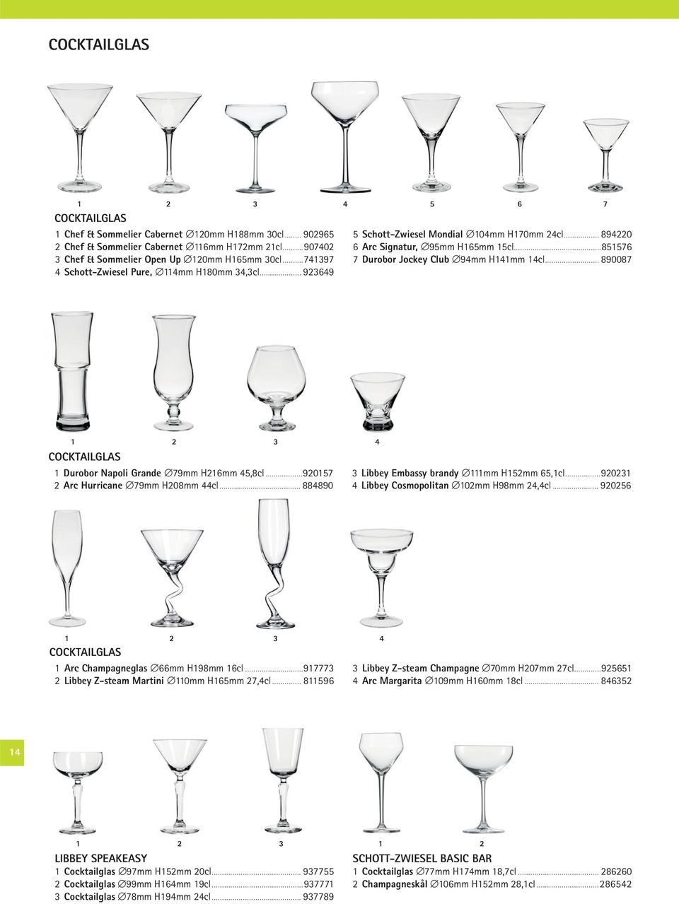 .. 890087 1 2 3 4 COCKTAILGLAS 1 Durobor Napoli Grande 79mm H216mm 45,8cl...920157 2 Arc Hurricane 79mm H208mm 44cl... 884890 3 Libbey Embassy brandy 111mm H152mm 65,1cl.