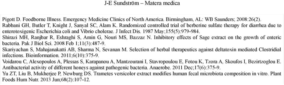 Shirazi MH, Ranjbar R, Eshraghi S, Amin G, Nouri MS, azzaz N. Inhibitory effects of Sage extract on the growth of enteric bacteria. Pak J iol Sci. 2008 Feb 1;11(3):487-9.
