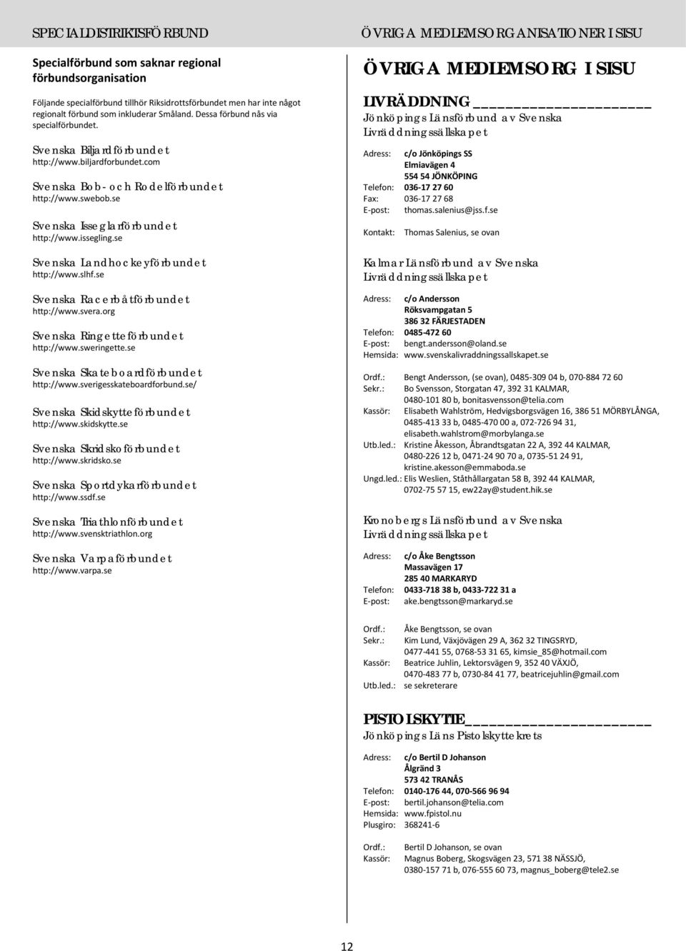 se Svenska Landhockeyförbundet http://www.slhf.se Svenska Racerbåtförbundet http://www.svera.org Svenska Ringetteförbundet http://www.sweringette.se Svenska Skateboardförbundet http://www.