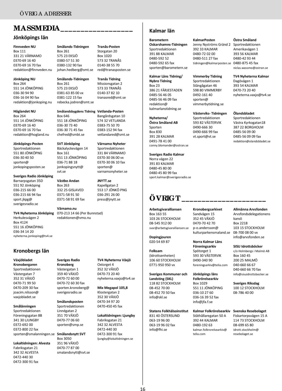 se Jönköping NU Smålands-Tidningen Tranås Tidning Box 264 Box 261 Missionsgatan 2 551 14 JÖNKÖPING 575 23 EKSJÖ 573 33 TRANÅS 036-30 94 90 0381-63 85 00 vx 0140-37 82 10 036-16 04 90 fax 0381-122 15