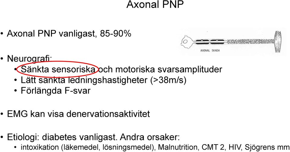 F-svar EMG kan visa denervationsaktivitet Etiologi: diabetes vanligast.