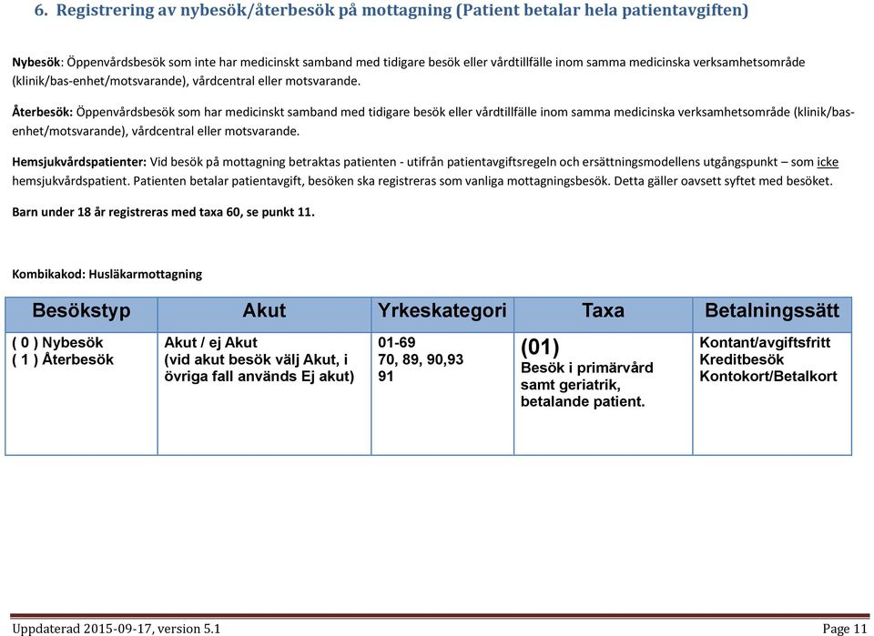 Återbesök: Öppenvårdsbesök som har medicinskt samband med tidigare besök eller vårdtillfälle inom samma medicinska verksamhetsområde (klinik/basenhet/motsvarande), vårdcentral eller motsvarande.