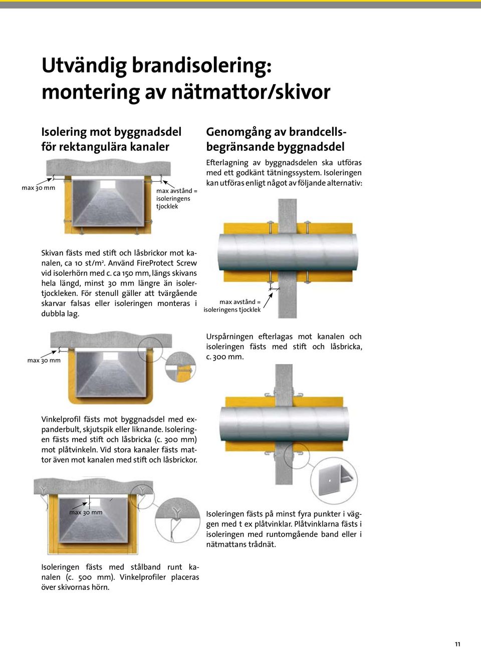 Använd FireProtect Screw vid isolerhörn med c. ca 150 mm, längs skivans hela längd, minst 30 mm längre än isolertjockleken.