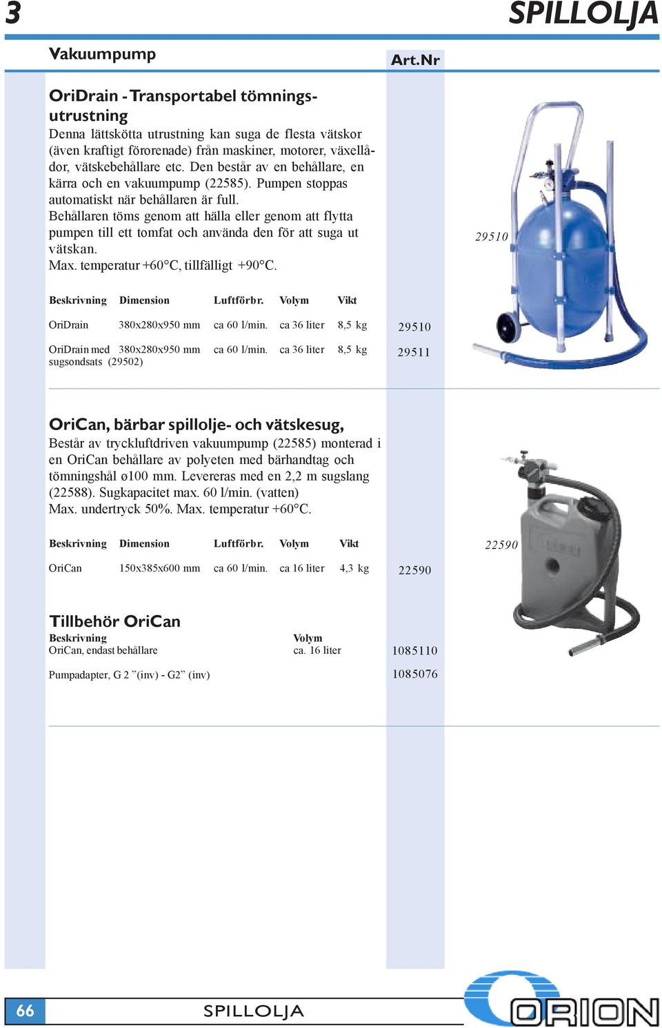 Behållaren töms genom att hälla eller genom att flytta pumpen till ett tomfat och använda den för att suga ut vätskan. Max. temperatur +60 C, tillfälligt +90 C. 29510 Dimension Luftförbr.