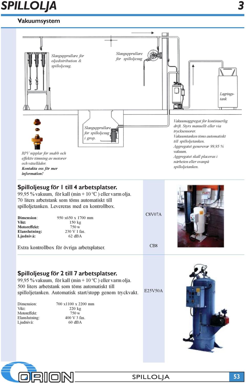 Vakuumtanken töms automatiskt till spilloljetanken. Aggregatet genererar 99,95 % vakuum. Aggregatet skall placeras i närheten eller ovanpå spilloljetanken. Spilloljesug för 1 till 4 arbetsplatser.