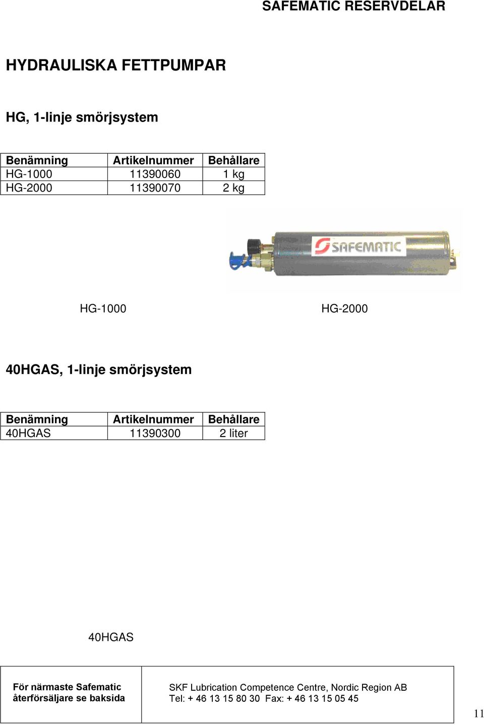 smörjsystem Benämning Artikelnummer Behållare 40HGAS 11390300 2 liter 40HGAS SKF