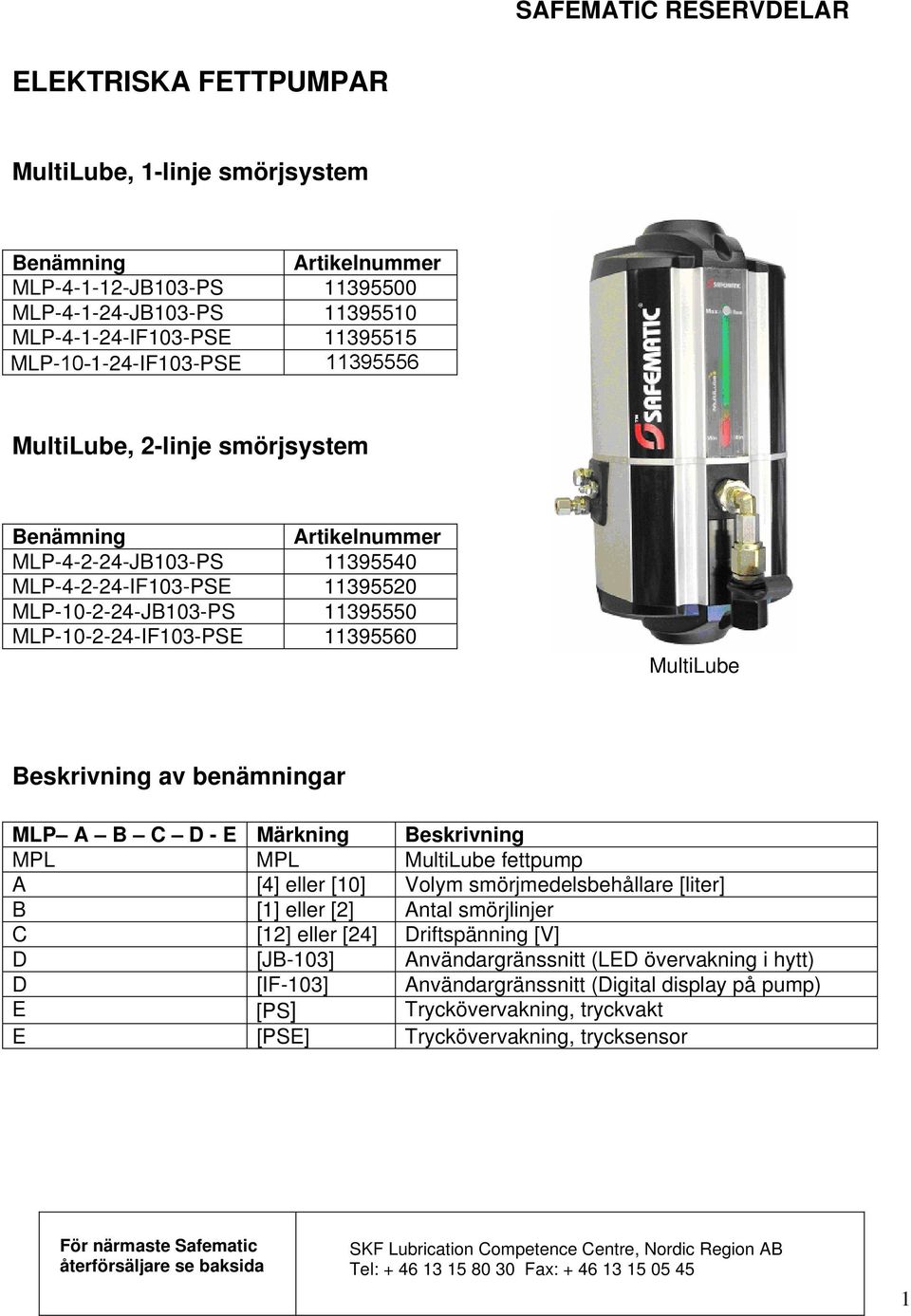 benämningar MLP A B C D - E Märkning Beskrivning MPL MPL MultiLube fettpump A [4] eller [10] Volym smörjmedelsbehållare [liter] B [1] eller [2] Antal smörjlinjer C [12] eller [24] Driftspänning [V] D