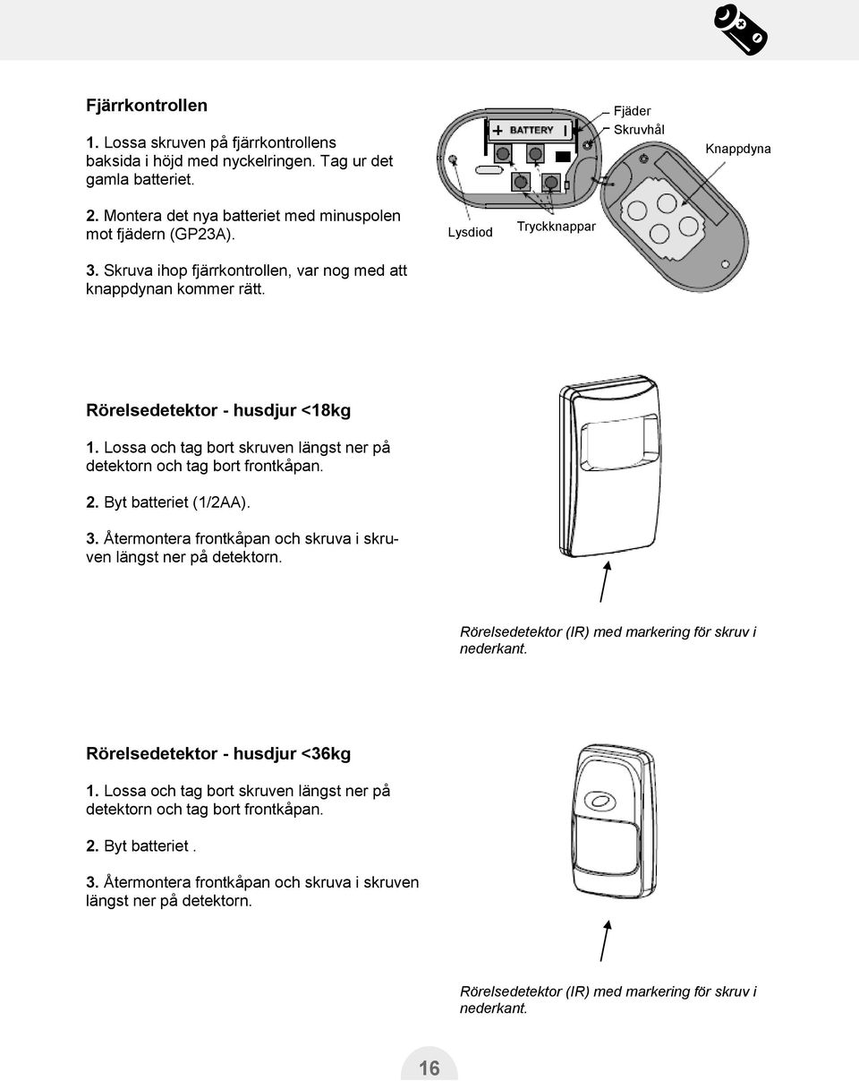 Lossa och tag bort skruven längst ner på detektorn och tag bort frontkåpan. 2. Byt batteriet (1/2AA). 3. Återmontera frontkåpan och skruva i skruven längst ner på detektorn.