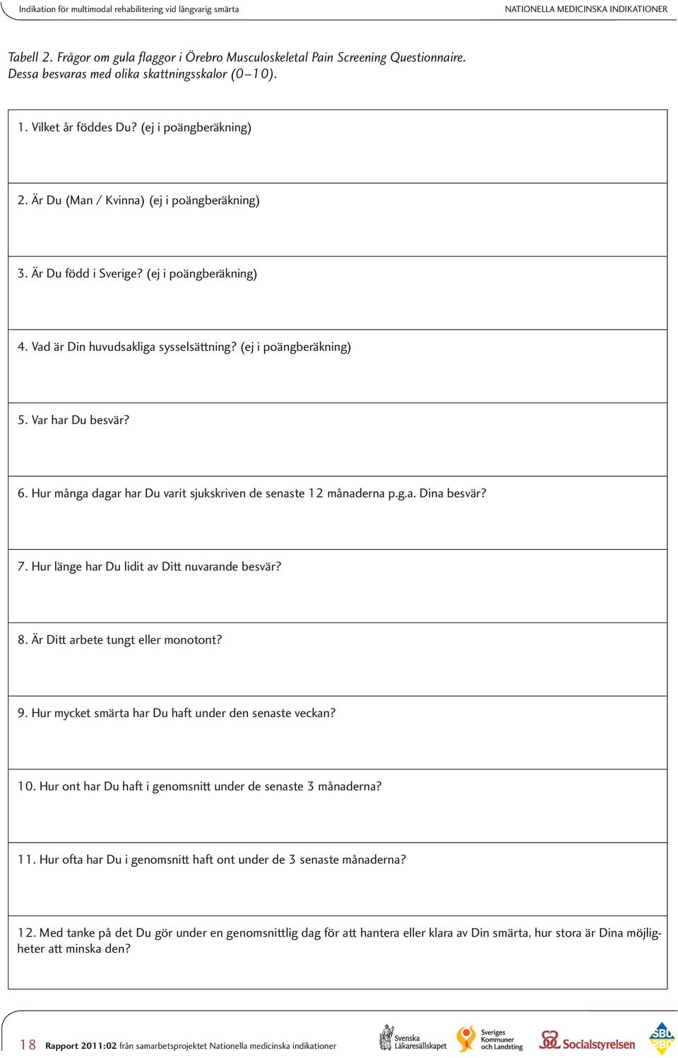 Vad är Din huvudsakliga sysselsättning? (ej i poängberäkning) 5. Var har Du besvär? 6. Hur många dagar har Du varit sjukskriven de senaste 12 månaderna p.g.a. Dina besvär? 7.
