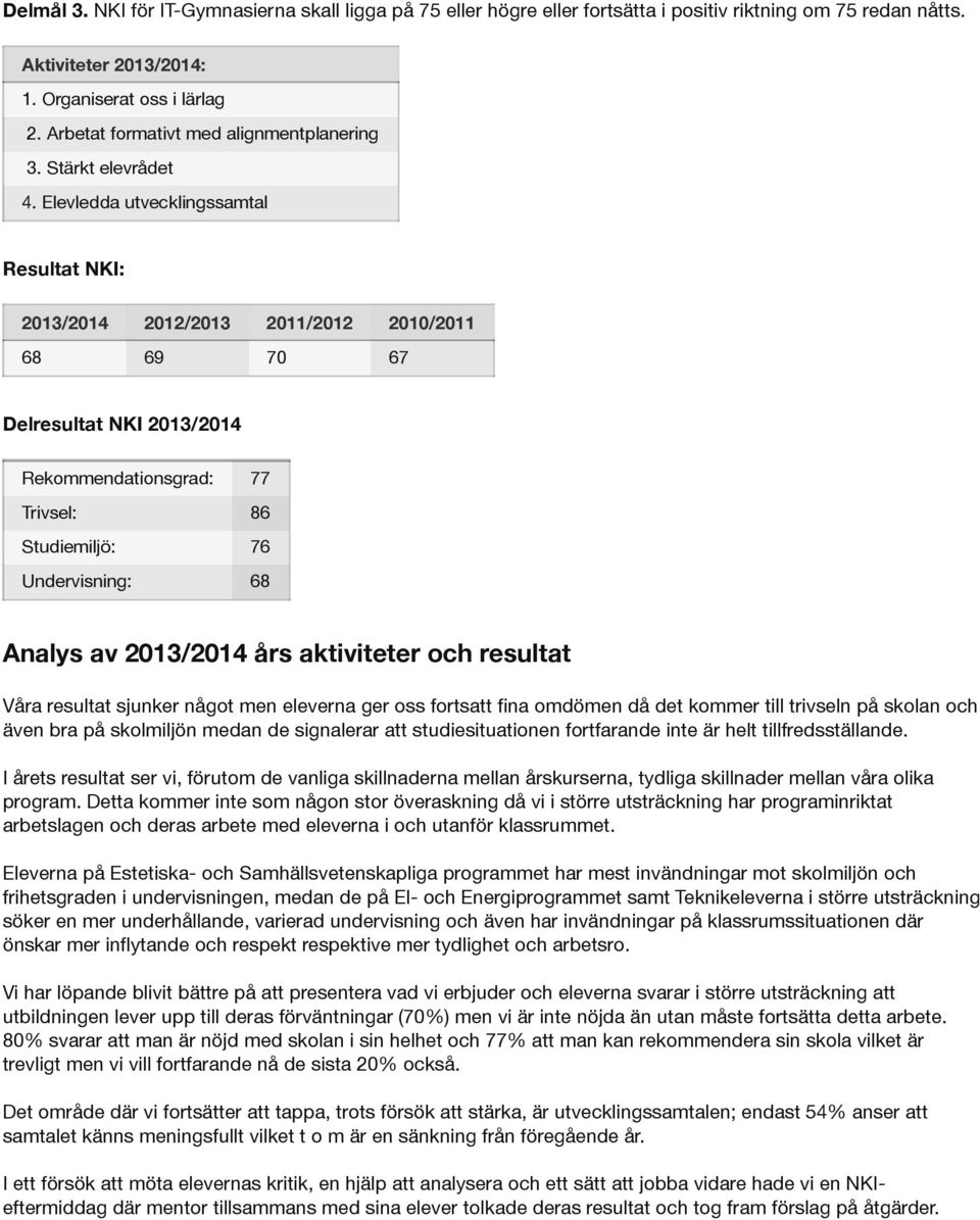 Elevledda utvecklingssamtal Resultat NKI: 2013/2014 2012/2013 2011/2012 2010/2011 68 69 70 67 Delresultat NKI 2013/2014 Rekommendationsgrad: 77 Trivsel: 86 Studiemiljö: 76 Undervisning: 68 Analys av