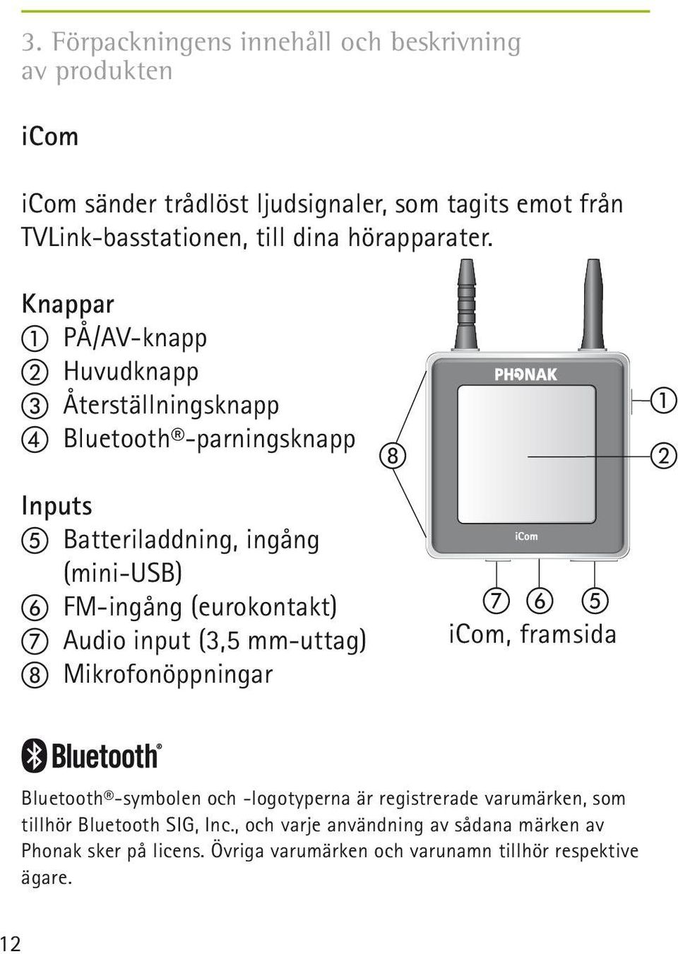 Knappar a PÅ/AV-knapp b Huvudknapp c Återställningsknapp d Bluetooth -parningsknapp Inputs e Batteriladdning, ingång (mini-usb) f FM-ingång